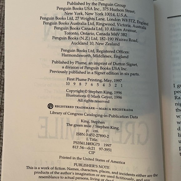 The Green Mile by Stephen King Paperback EUC 1st Plume Printing - Picture 5 of 5